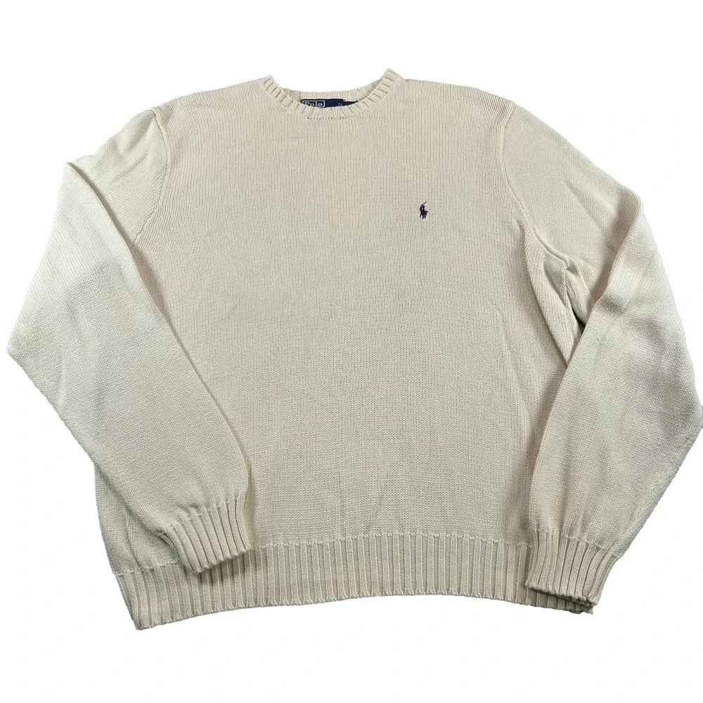 Polo Ralph Lauren Sweater Mens XXL Cream Beige Crewneck Cotton Knit Pony Logo